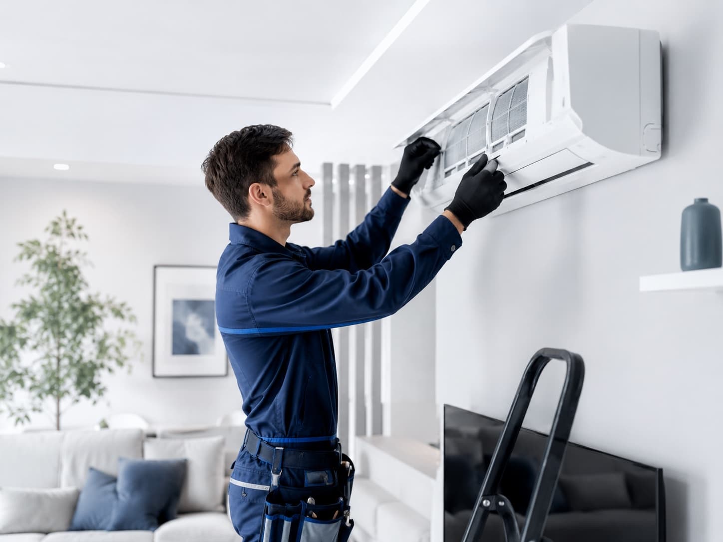Technicien BE Froid installant une climatisation réversible à Valenton, dans le Val-de-Marne